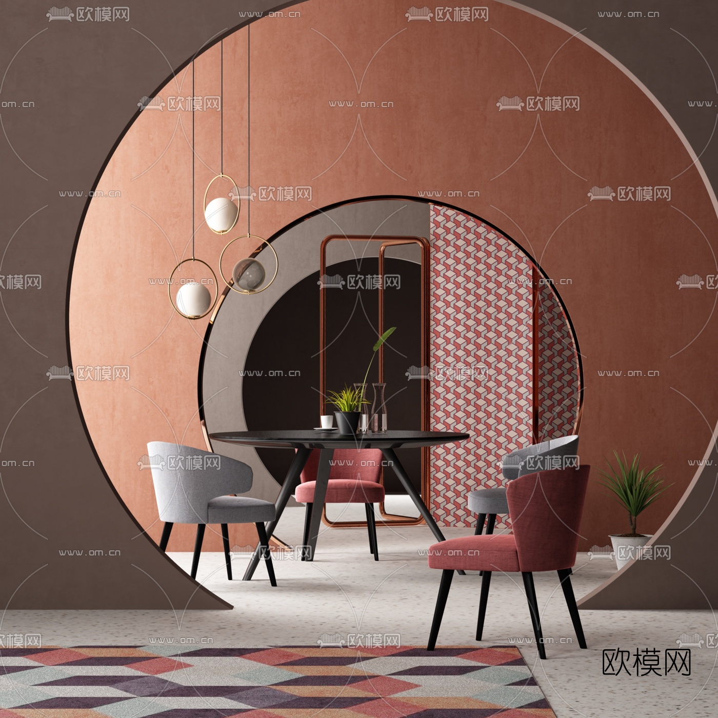 北欧实木圆形餐桌椅3d模型