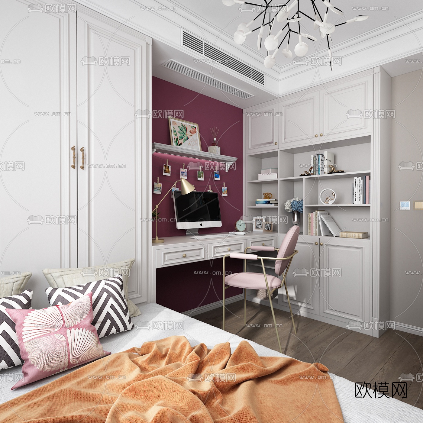 美式榻榻米女孩房3d模型下载（渲染图2）