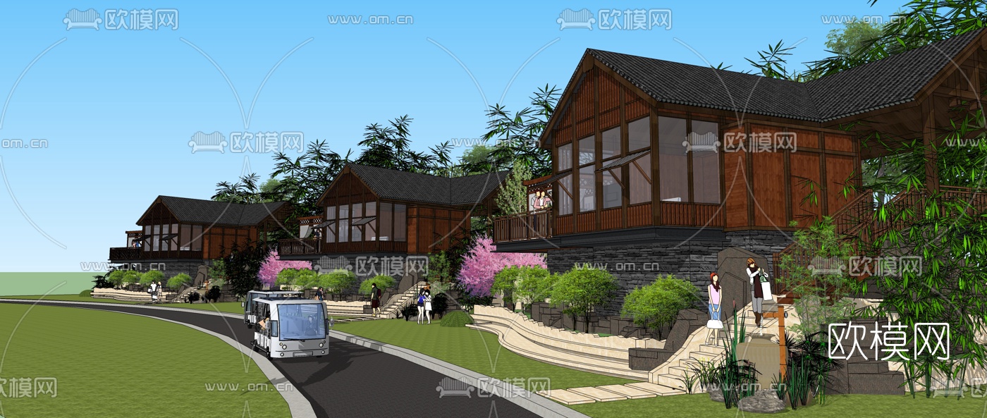 自然风斜屋顶民宿su模型下载（渲染图2）