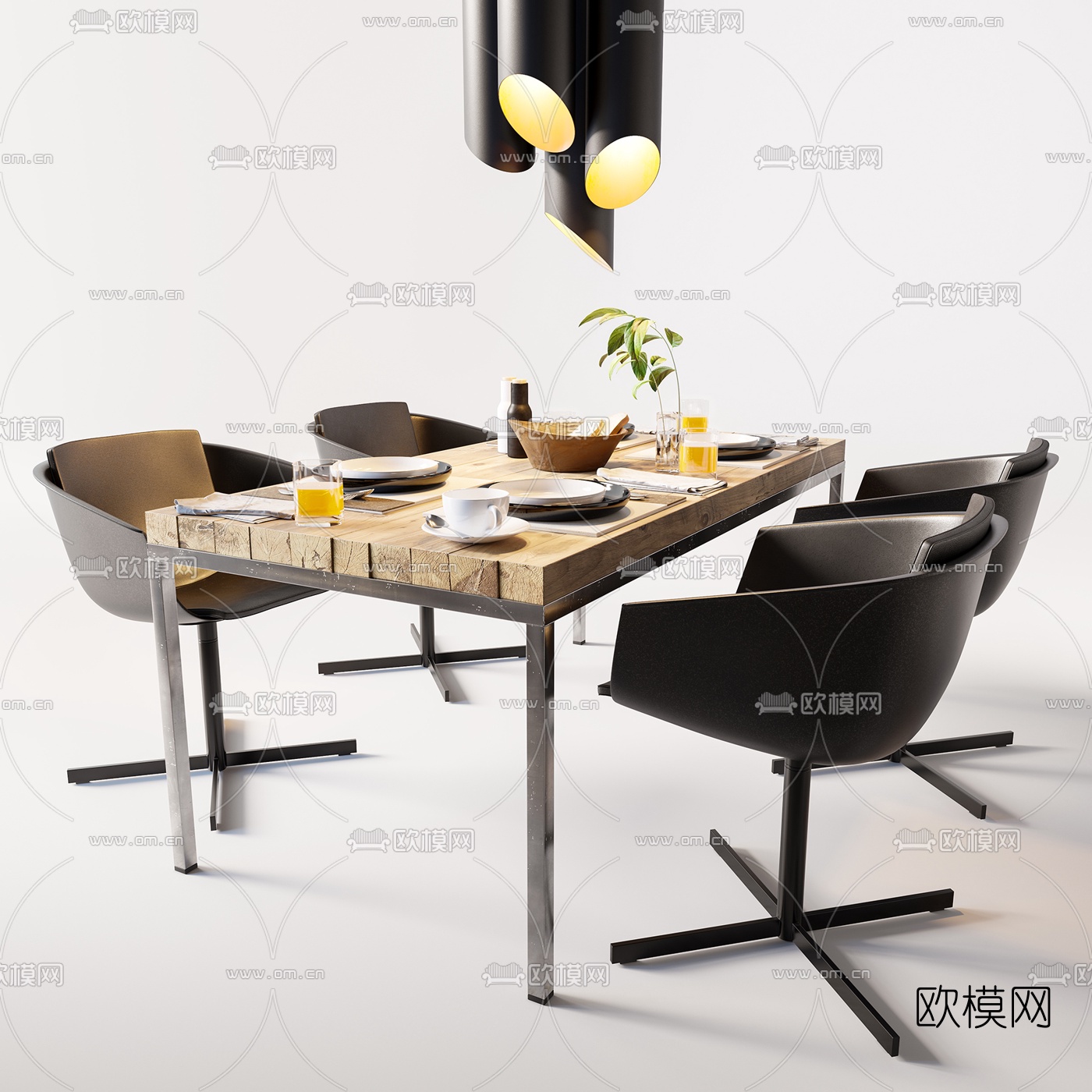 工业风原木餐桌椅3d模型