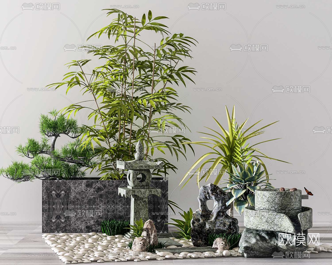 现代绿植假山小品3d模型