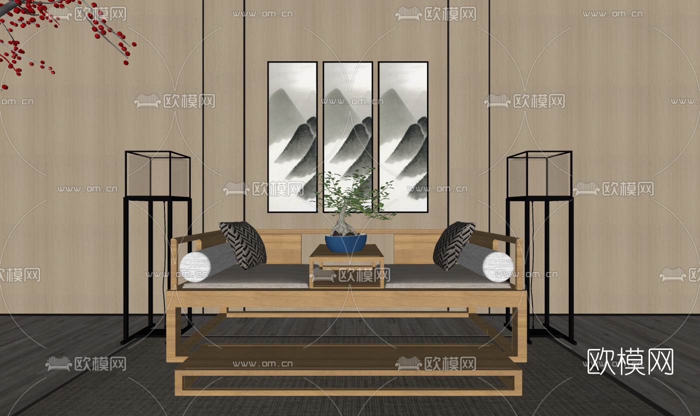 中式实木罗汉床su模型下载