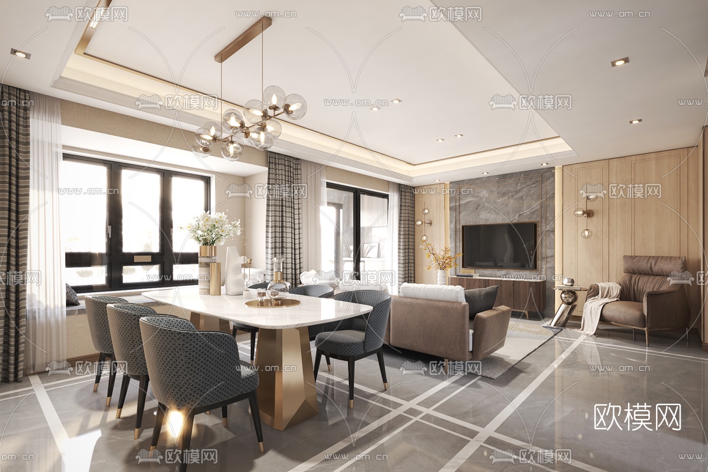 奥迅设计 现代轻奢客厅餐厅3d模型