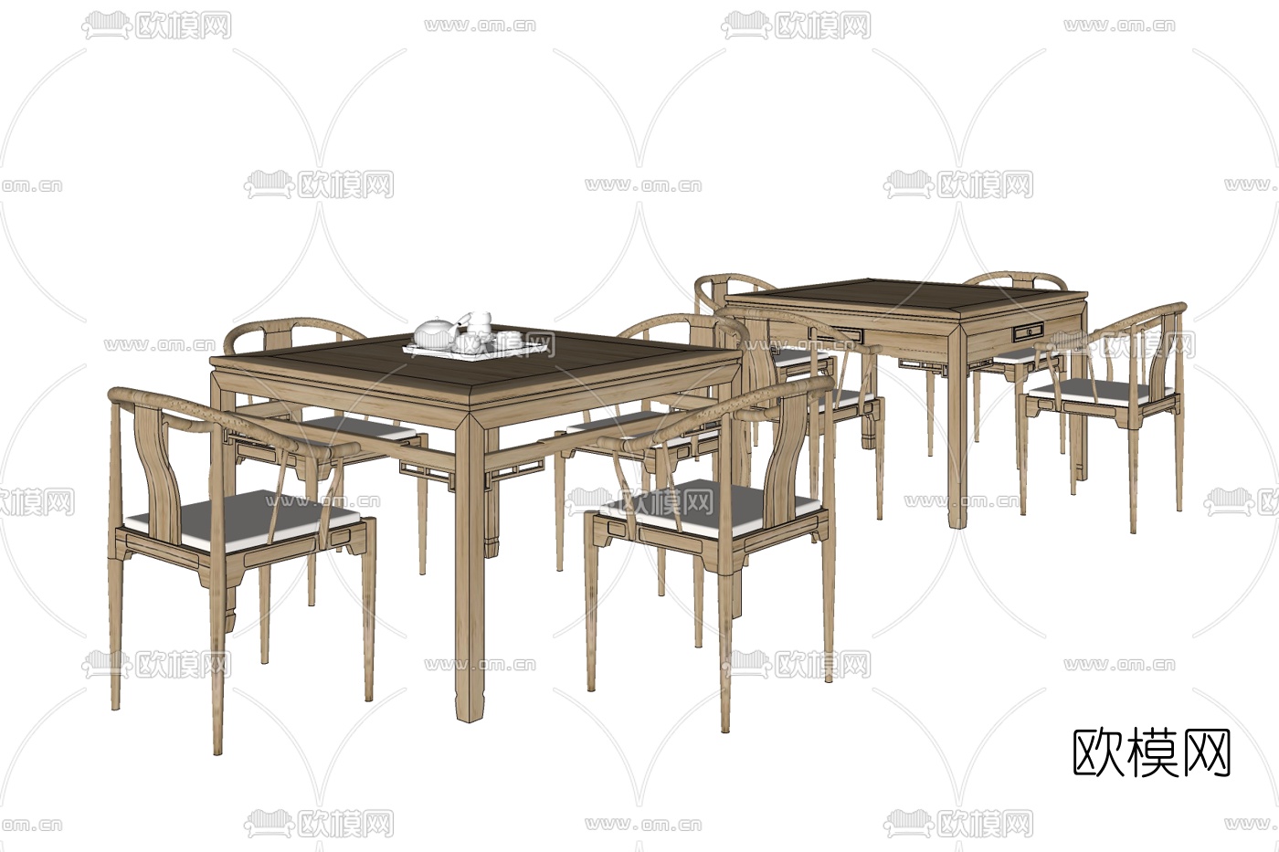 新中式实木餐桌椅免费su模型下载
