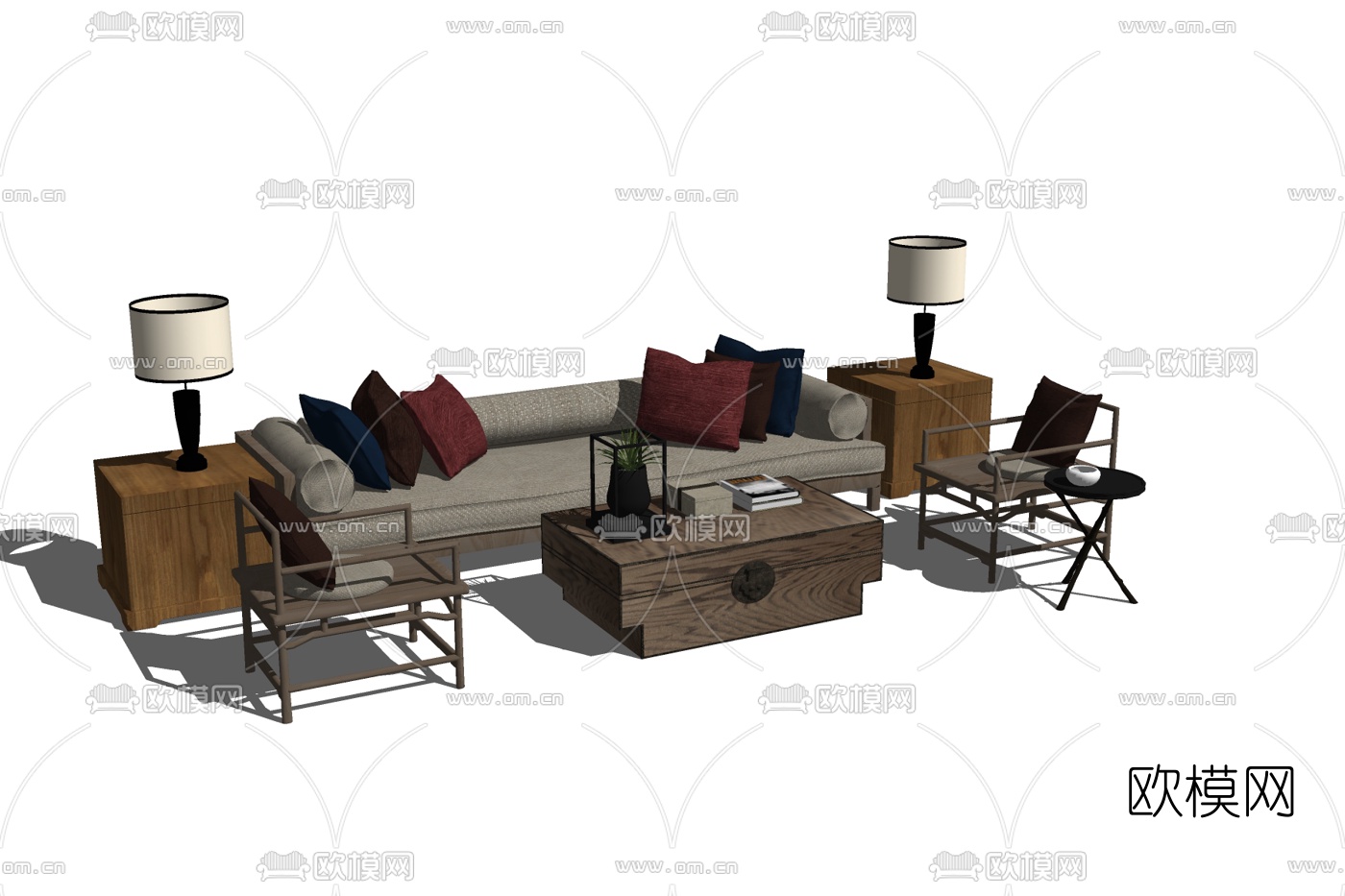 新中式布艺沙发组合免费su模型下载