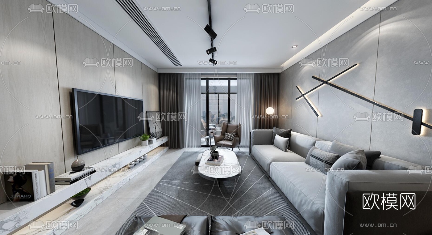 现代高级灰客厅餐厅vr全景3d模型
