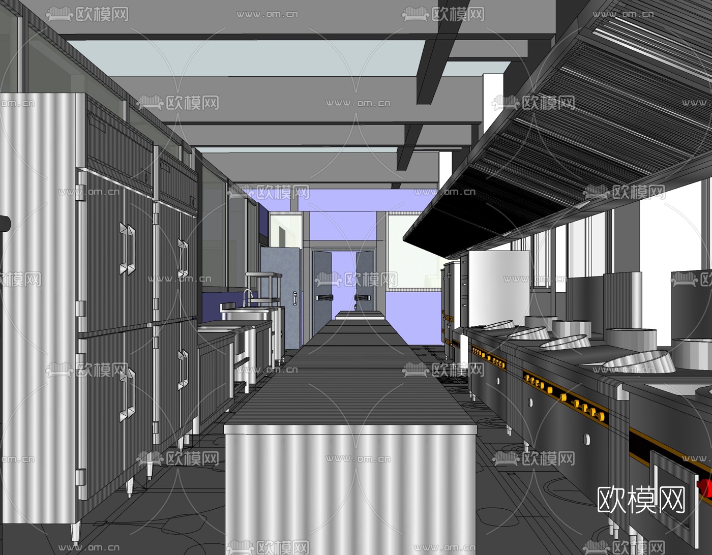 现代酒店中央厨房免费su模型下载（渲染图2）