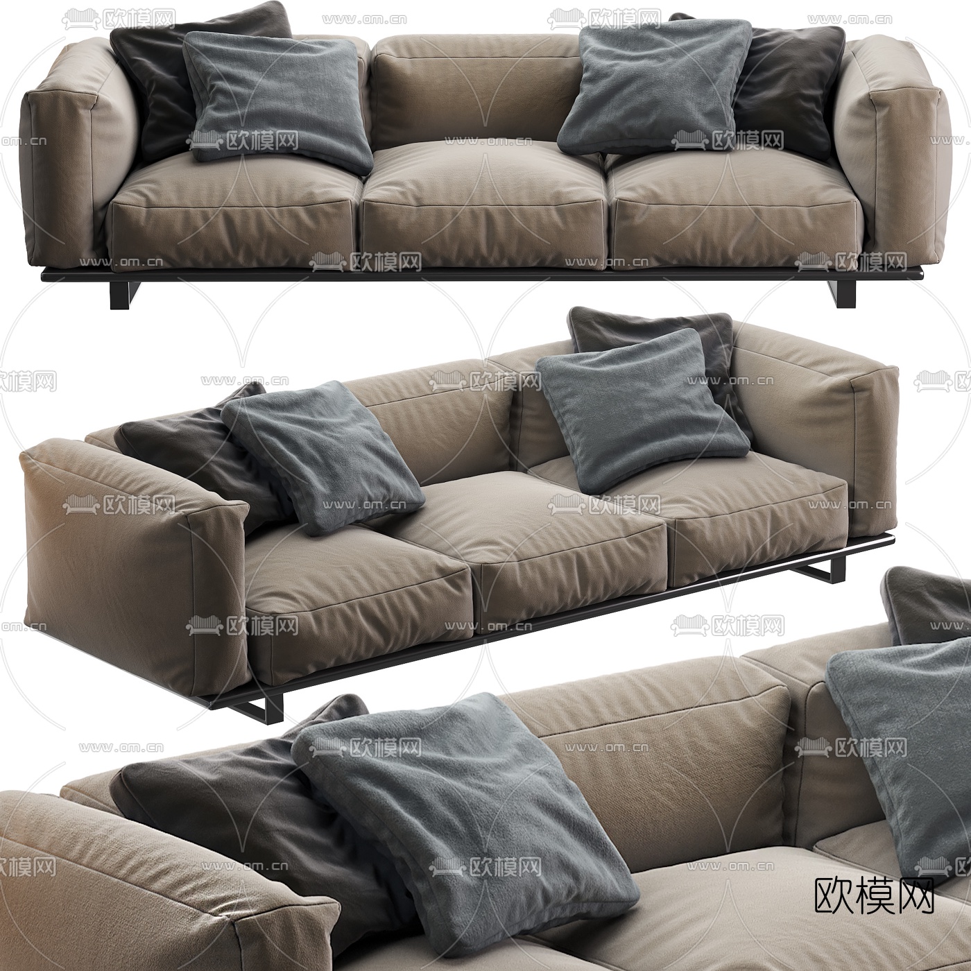 现代布艺多人沙发 三人沙发3d模型下载（渲染图3）