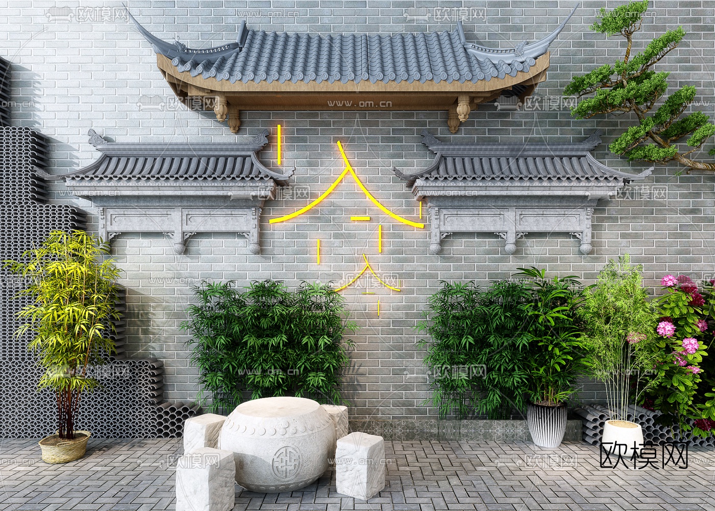 中式石桌椅绿植园艺小品3d模型