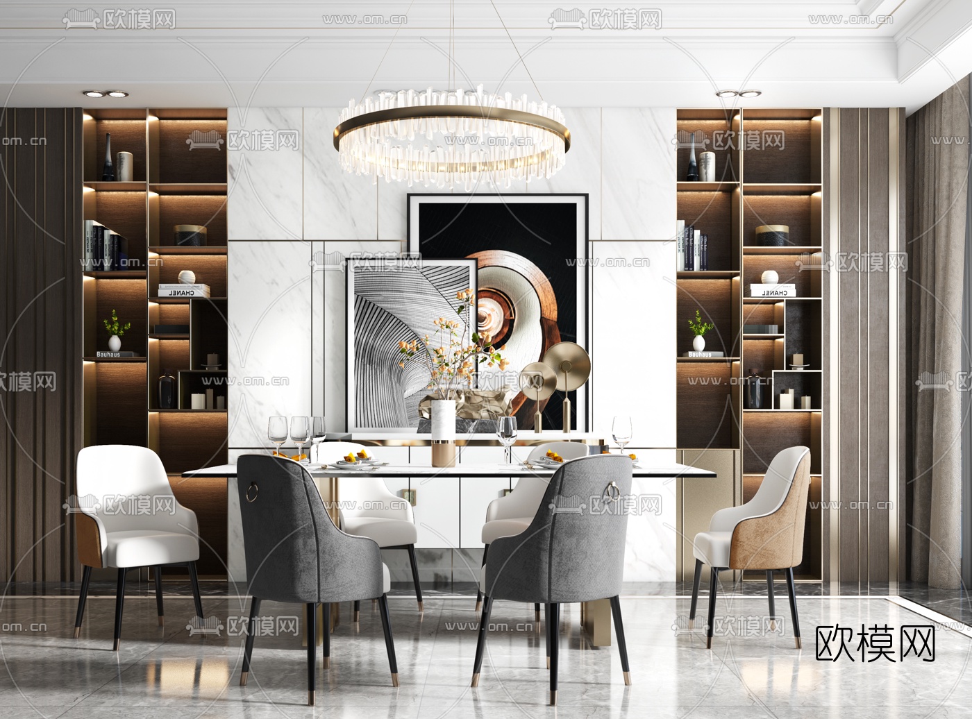 现代条形餐桌椅3d模型