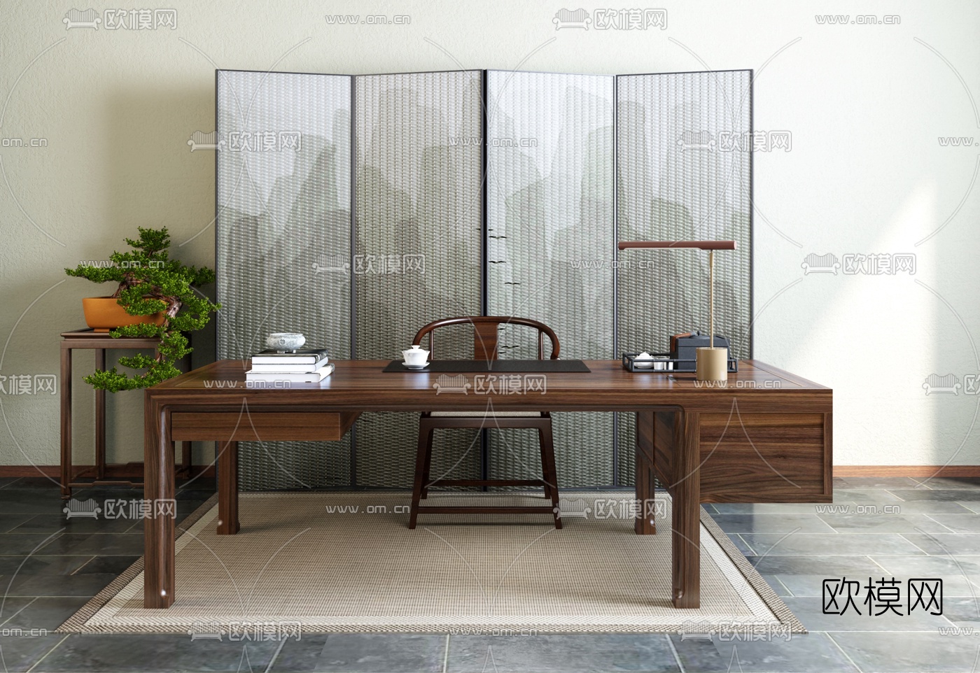 新中式班台办公桌椅3d模型下载
