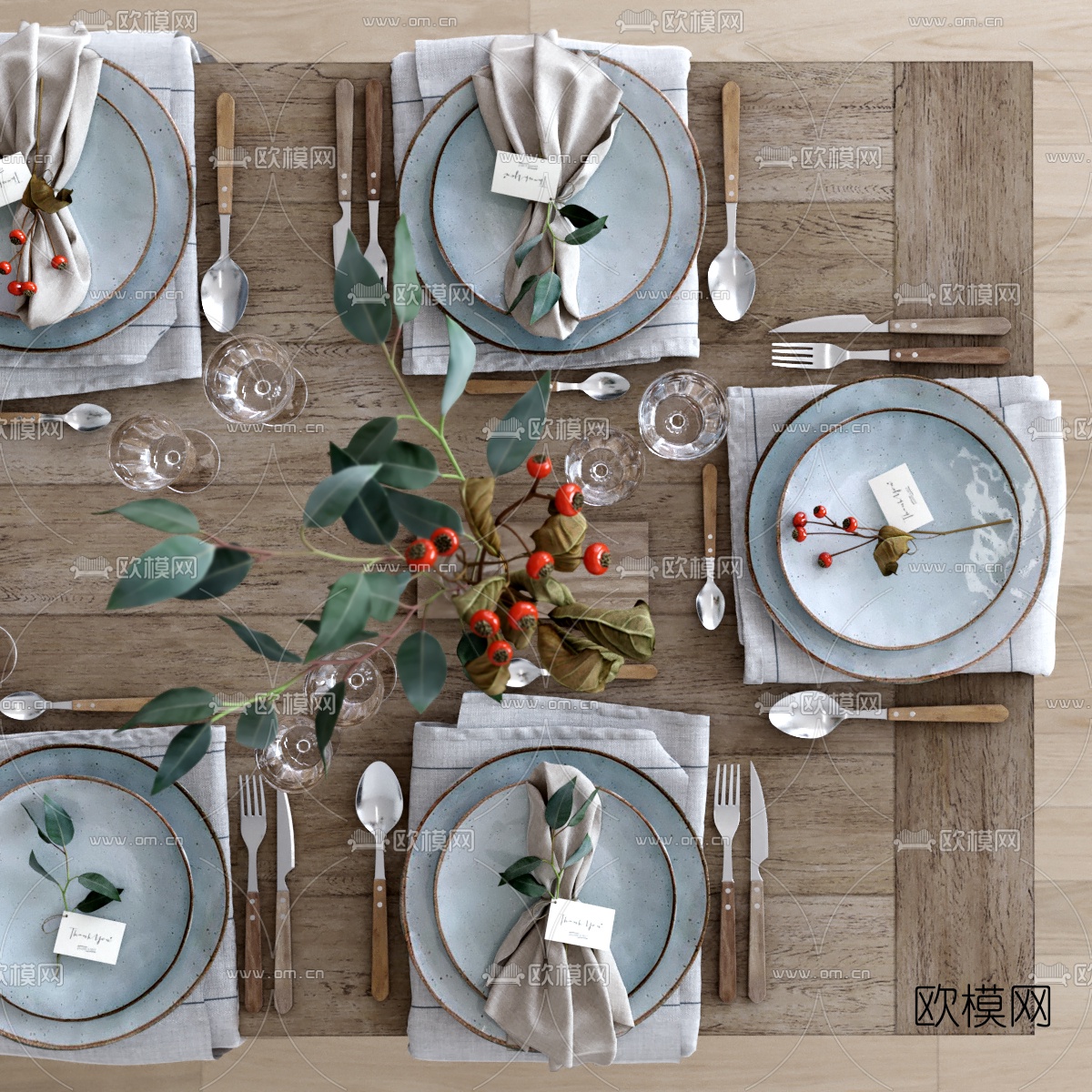 现代实木餐桌餐具饰品组合3d模型下载（渲染图3）