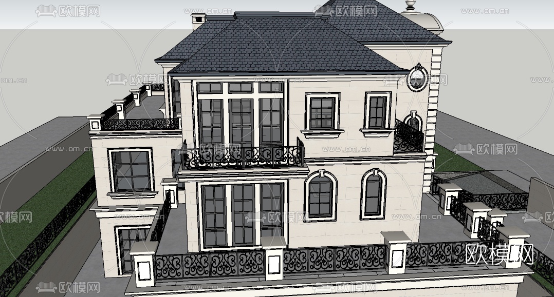 法式独栋别墅外观su模型下载（渲染图4）