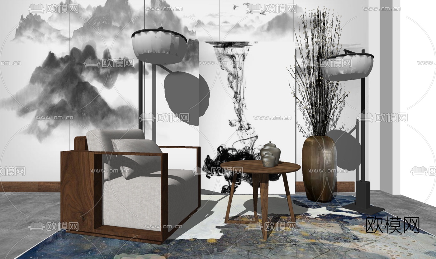 新中式布艺休闲沙发su模型下载