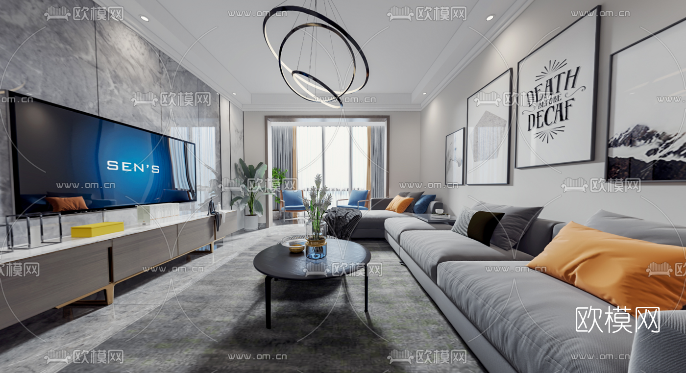 现代轻奢黑白灰客厅餐厅vr全景3d模型
