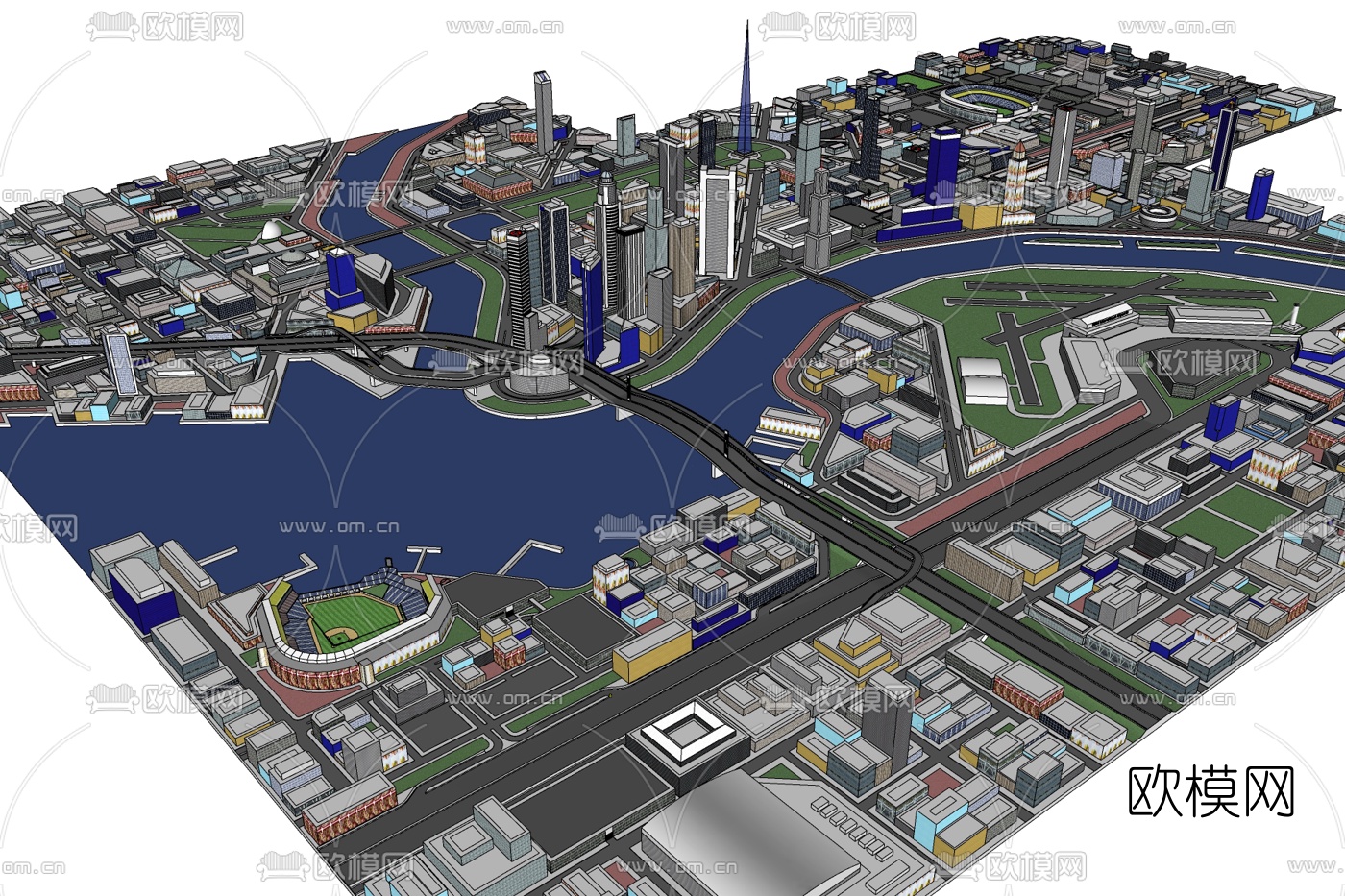 现代城市鸟瞰规划免费su模型下载