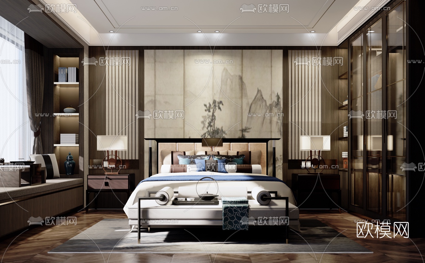 新中式卧室su模型下载（渲染图1）