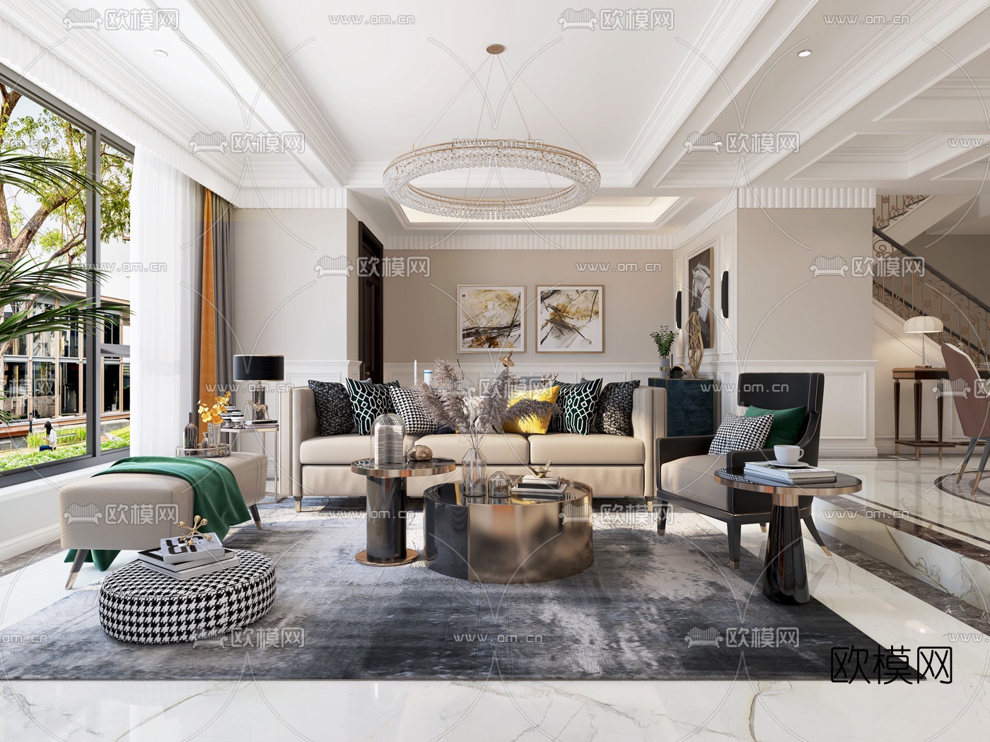 简欧轻奢客厅餐厅3d模型下载（渲染图1）