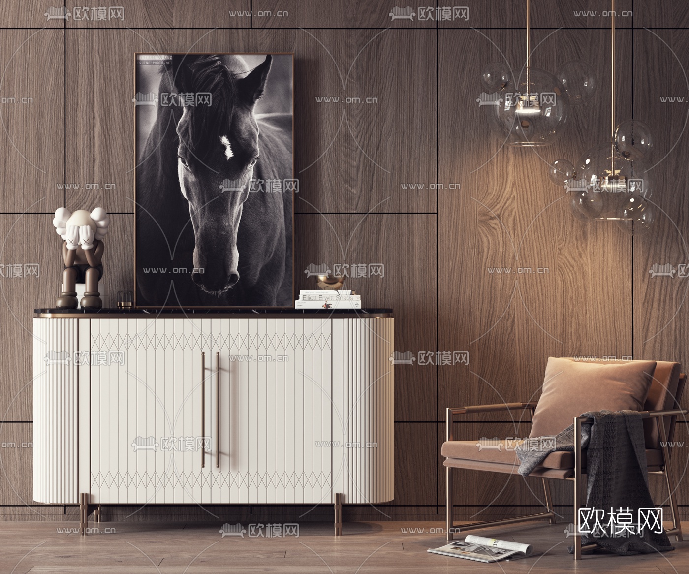 现代轻奢休闲椅边柜3d模型下载（渲染图1）