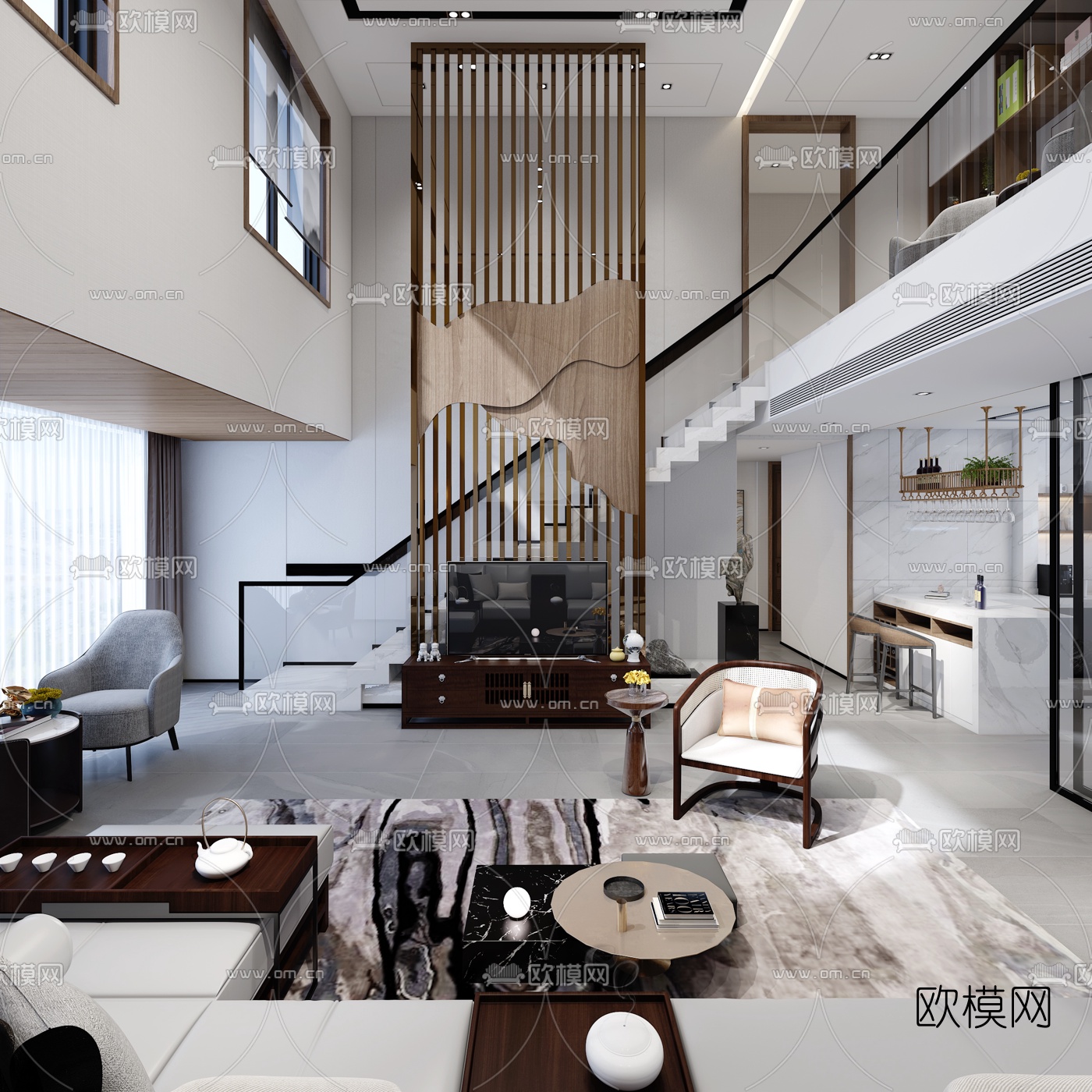 新中式轻奢别墅大堂餐厅3d模型下载_ID10116558_3dmax免费模型-欧模网
