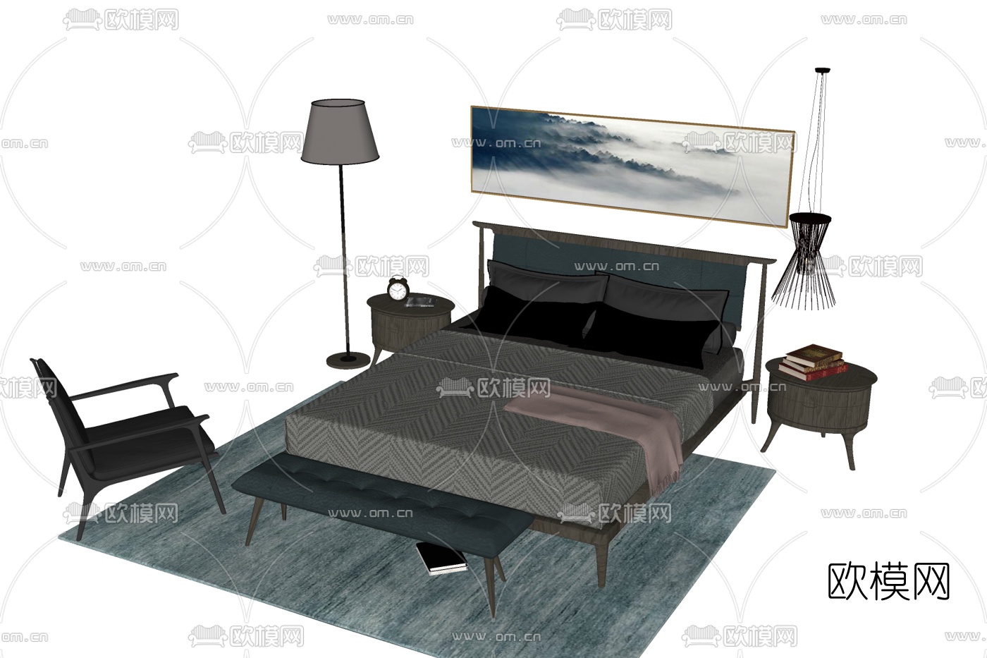 新中式布艺双人床免费su模型下载