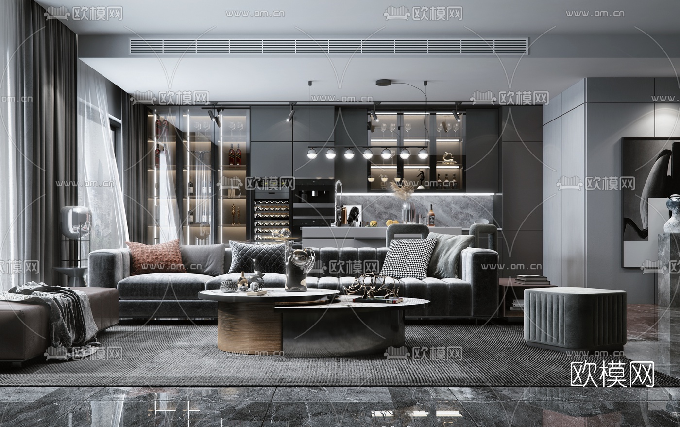 现代高级灰客厅餐厅3d模型