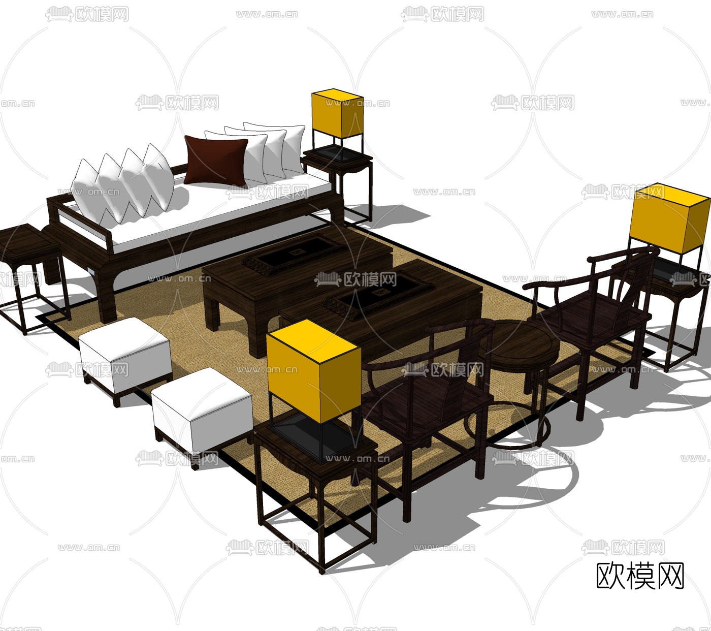 中式实木沙发组合免费su模型下载