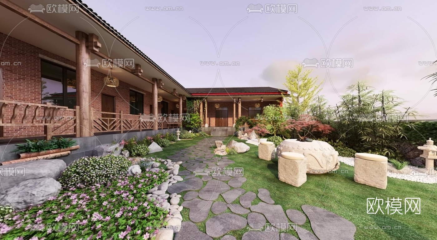 新中式庭院花园vr全景3d模型