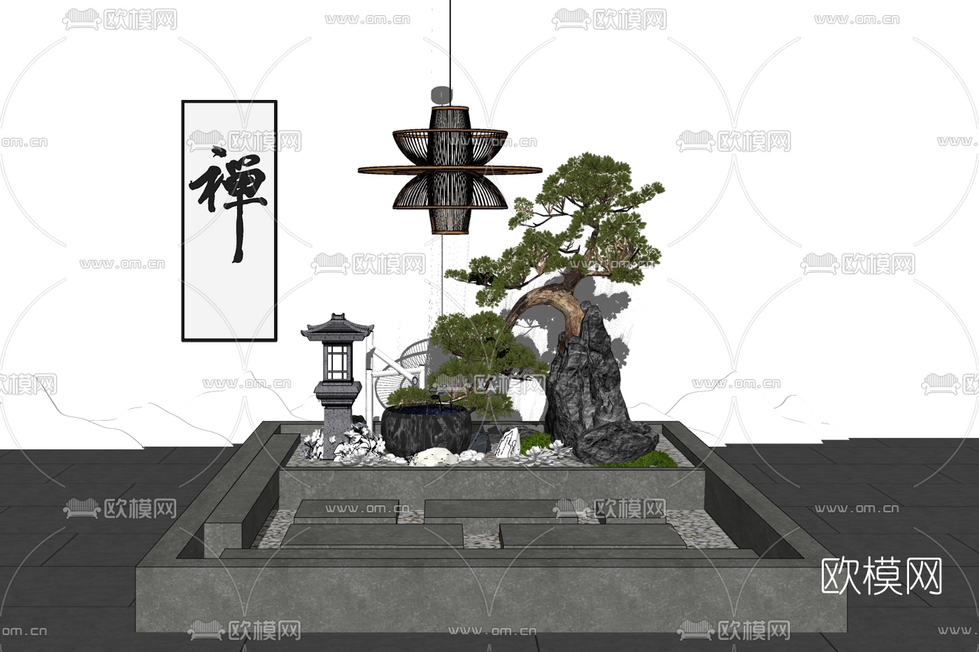 中式假山松树景观小品免费su模型