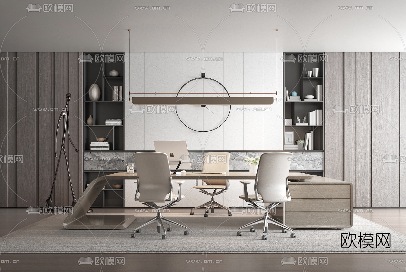 现代实木班台办公桌3d模型下载