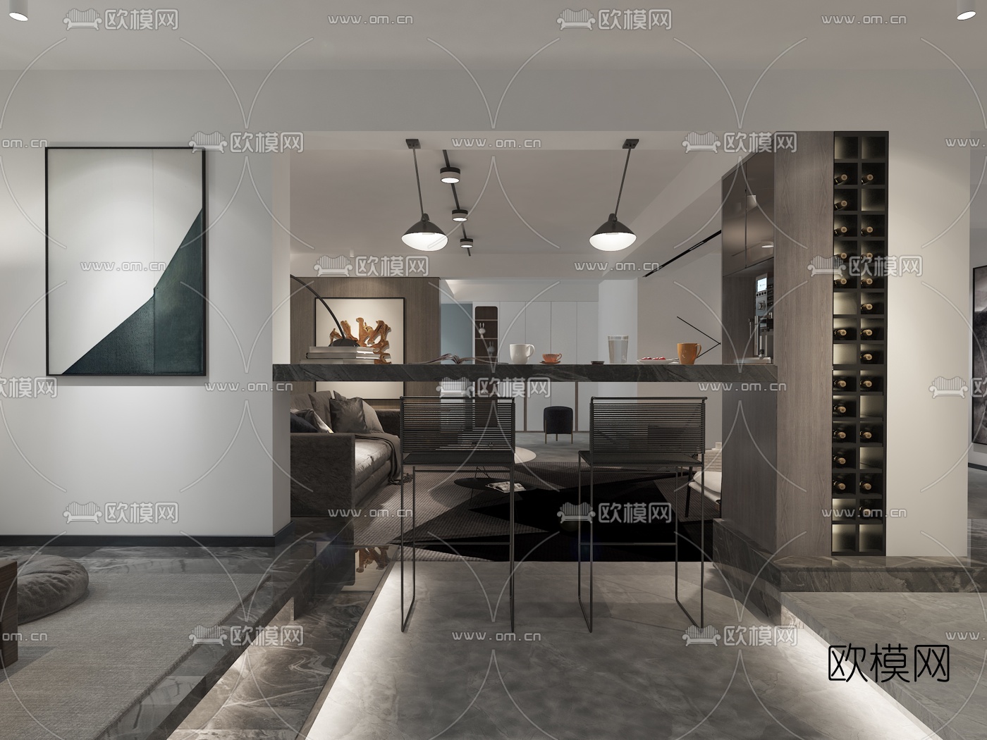 现代高级灰地下休闲室3d模型下载（渲染图4）