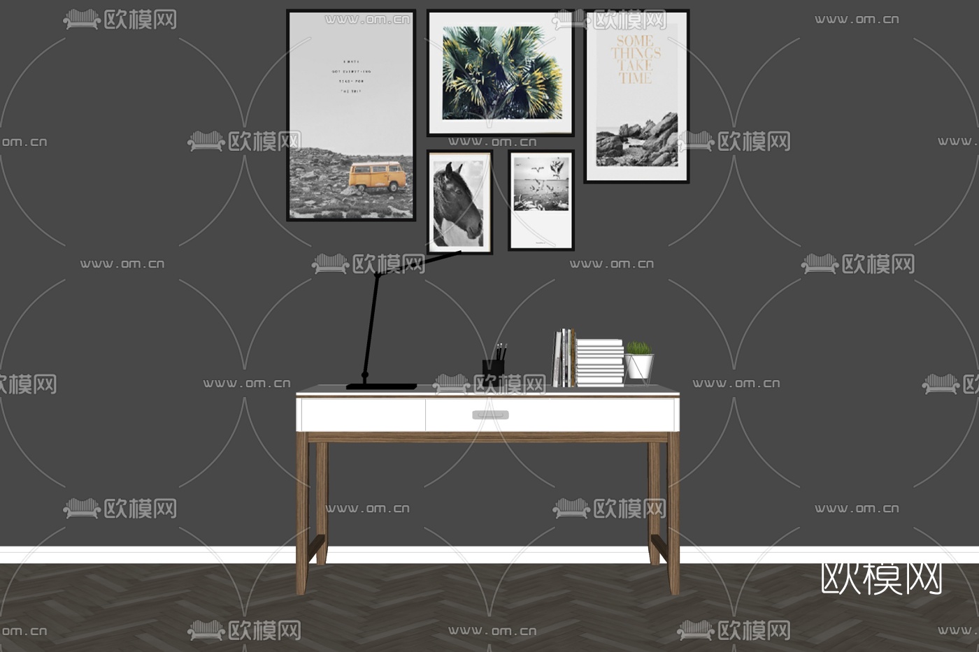 现代实木书桌免费su模型下载