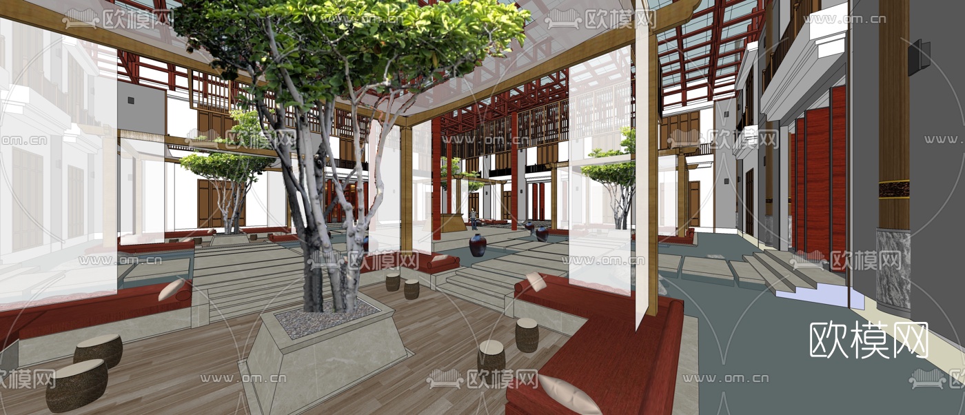 新中式酒店大堂su模型