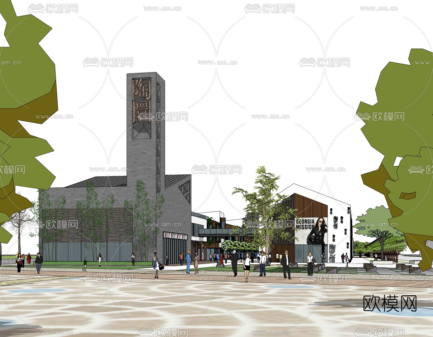 新中式商业街su模型下载（渲染图1）