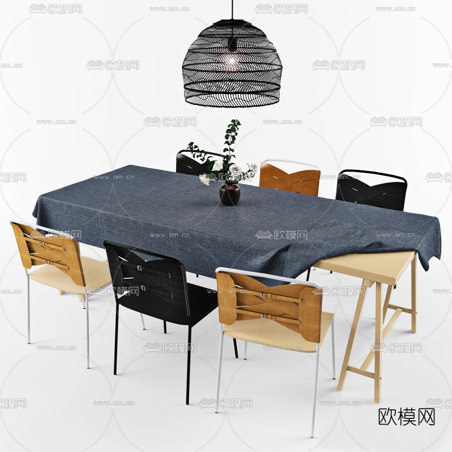 北欧实木餐桌椅3d模型下载