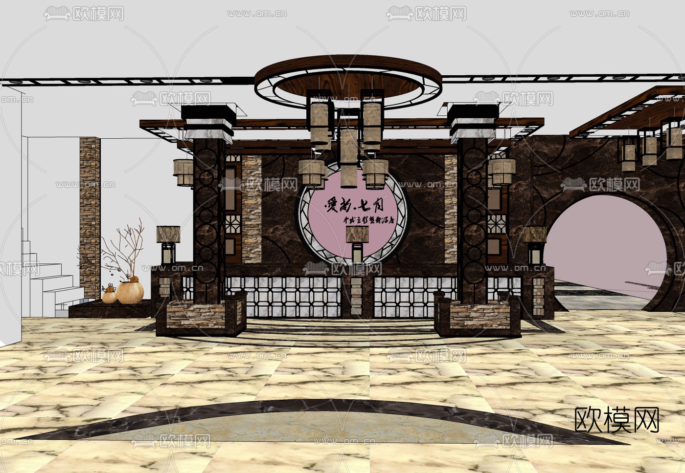 新中式酒店大堂免费su模型下载