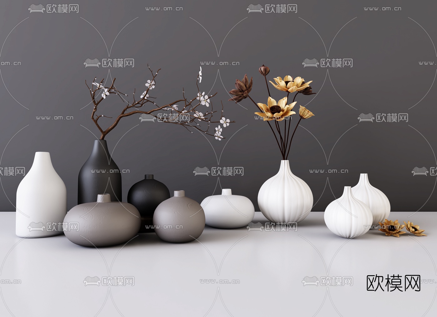 新中式陶瓷花瓶罐子摆件组合3d模型