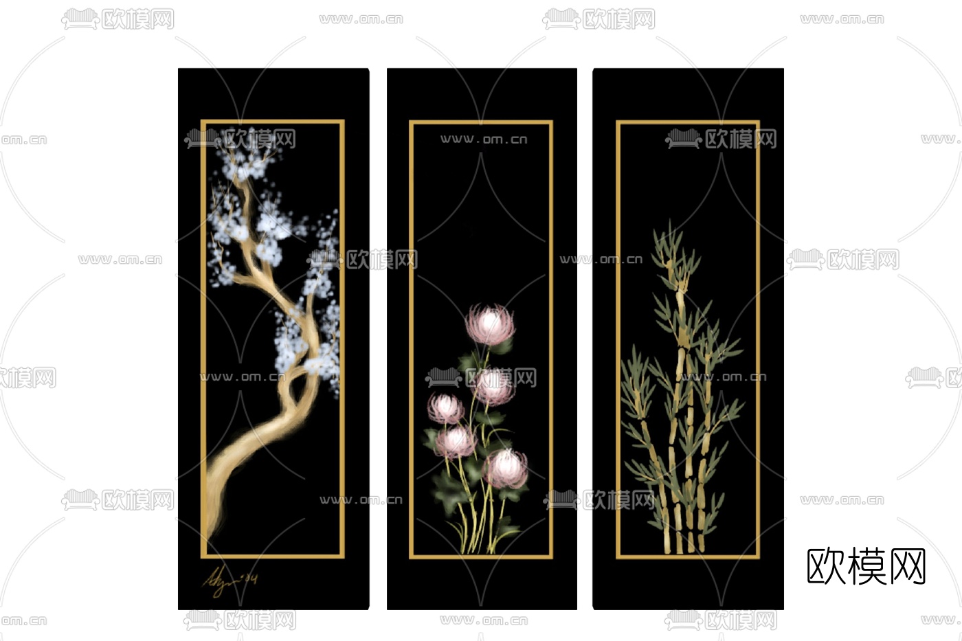 新中式花草装饰挂画免费su模型