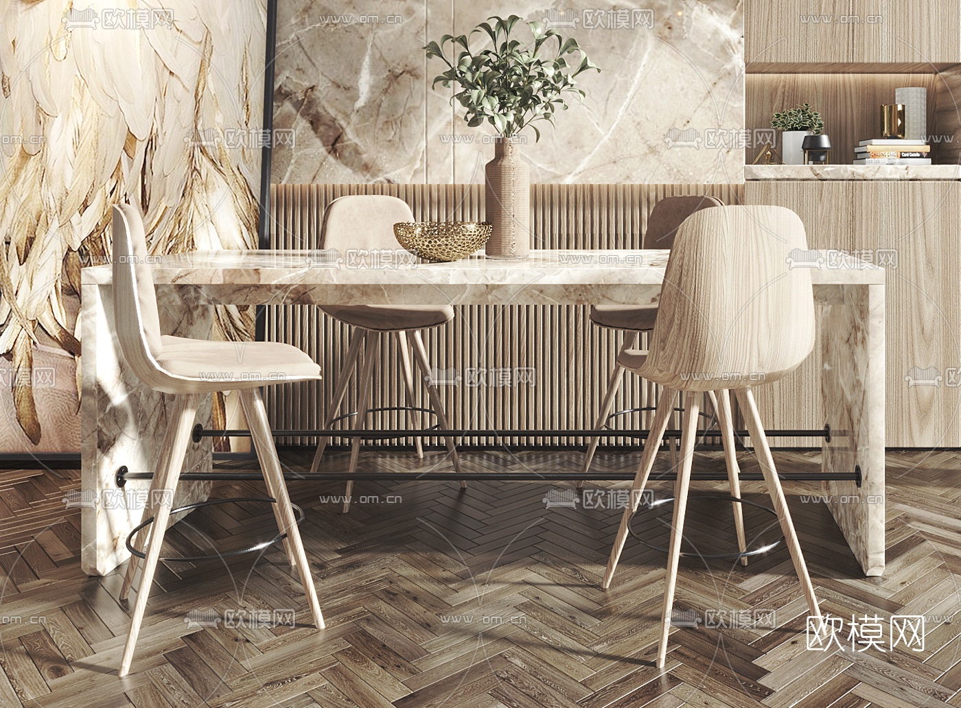 现代轻奢大理石餐吧台组合d模型下载（渲染图2）