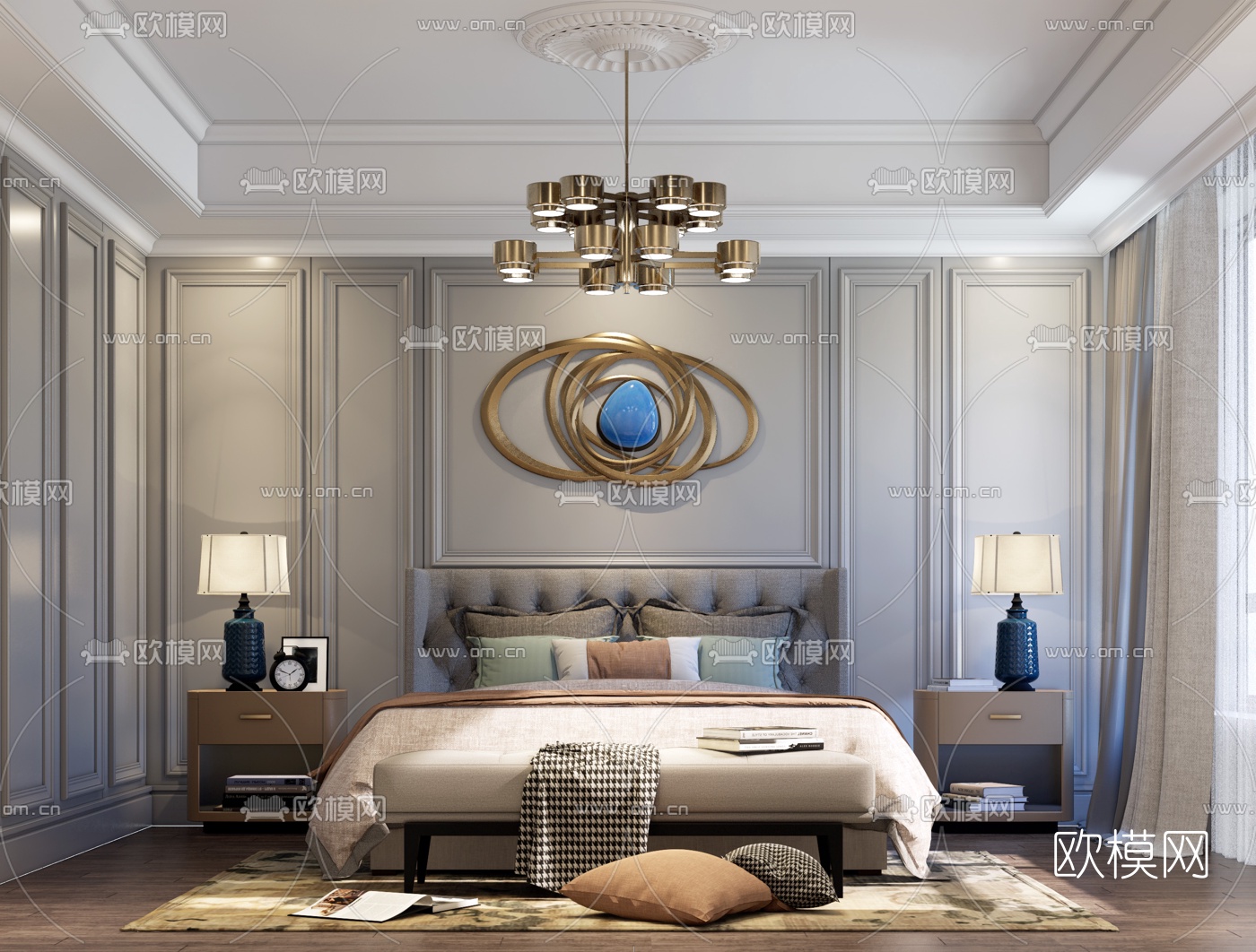 美式轻奢卧室su模型下载（渲染图1）