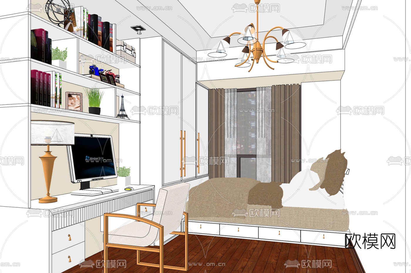 现代榻榻米卧室免费su模型下载