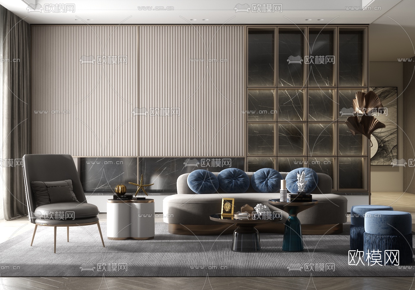 现代轻奢布艺沙发组合3d模型下载