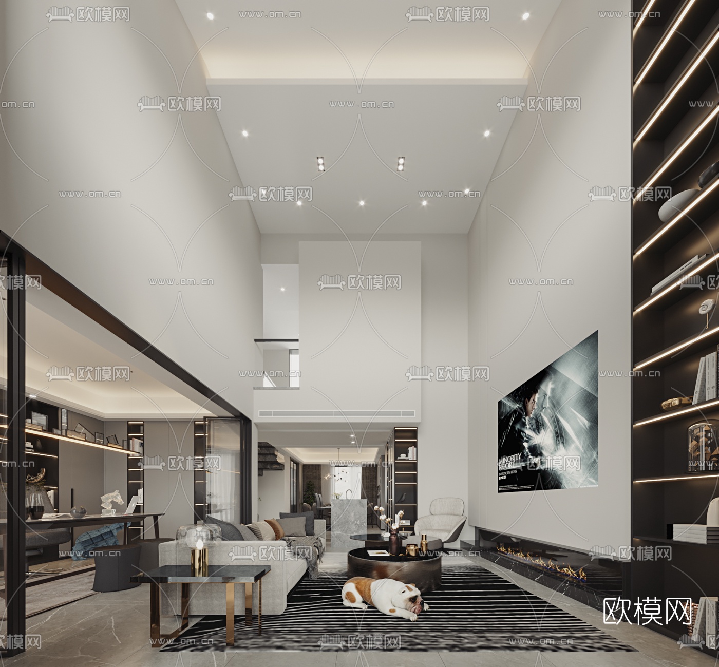 现代别墅客厅餐厅书房3d模型