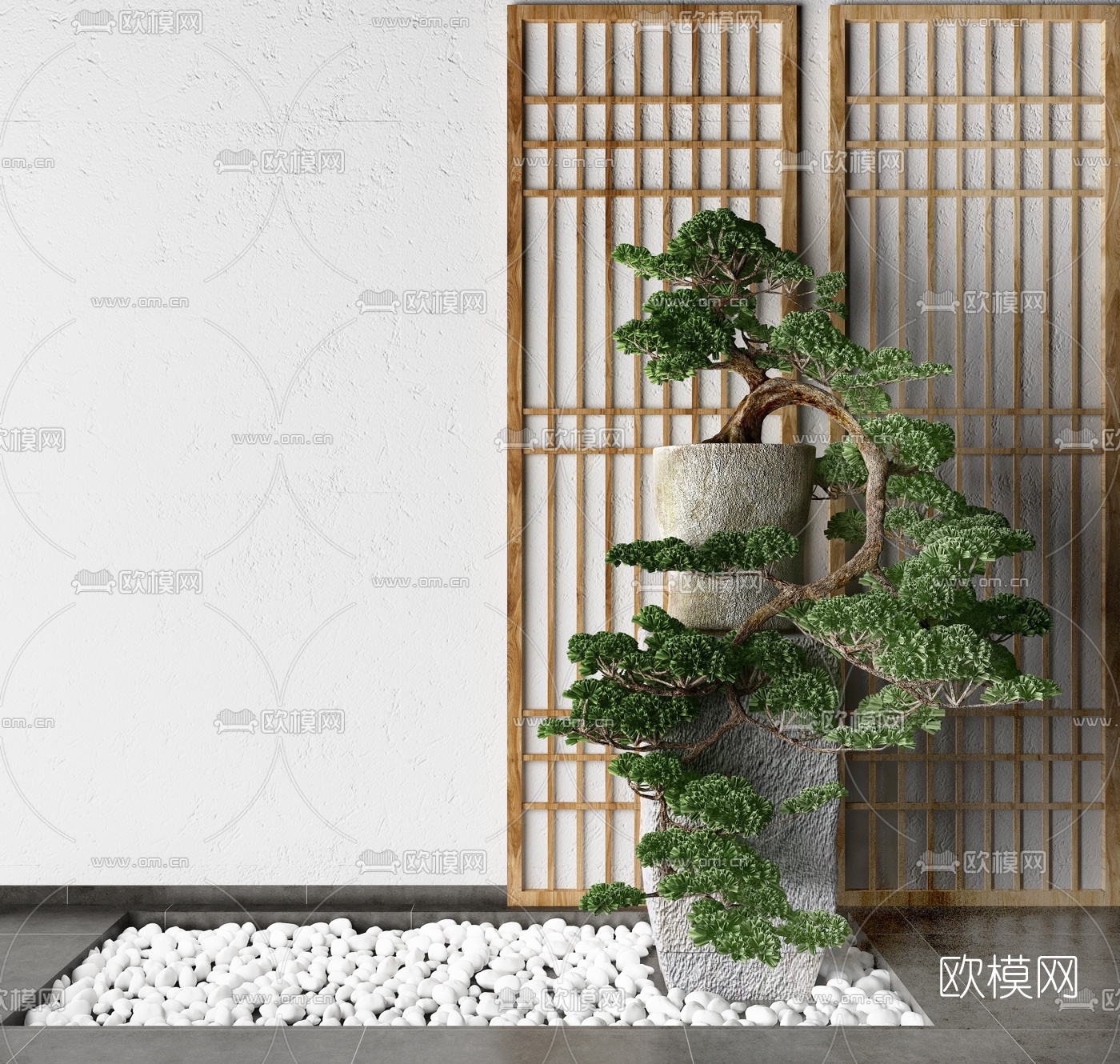日韩碎石松树背景墙组合3d模型
