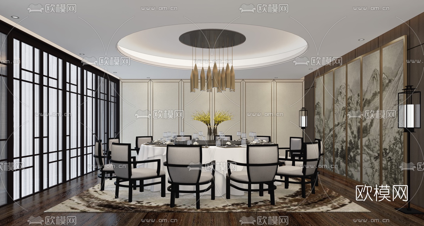 新中式餐饮包厢su模型下载（渲染图2）
