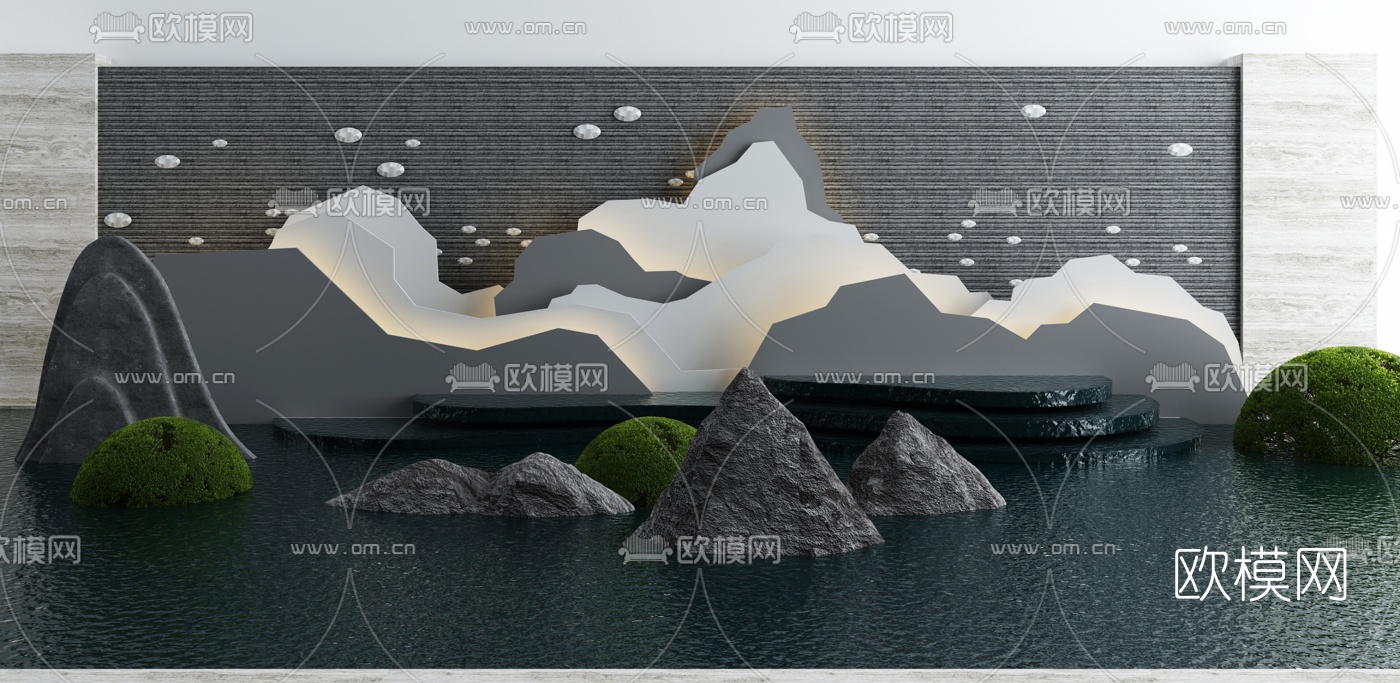 新中式假山灌木水景3d模型下载