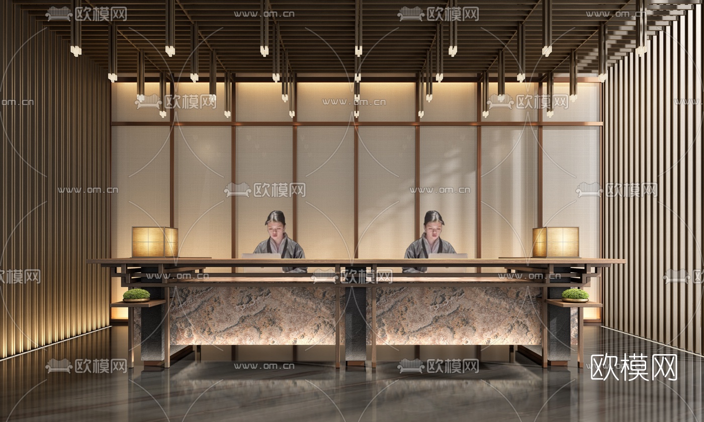 新中式前台接待台3d模型