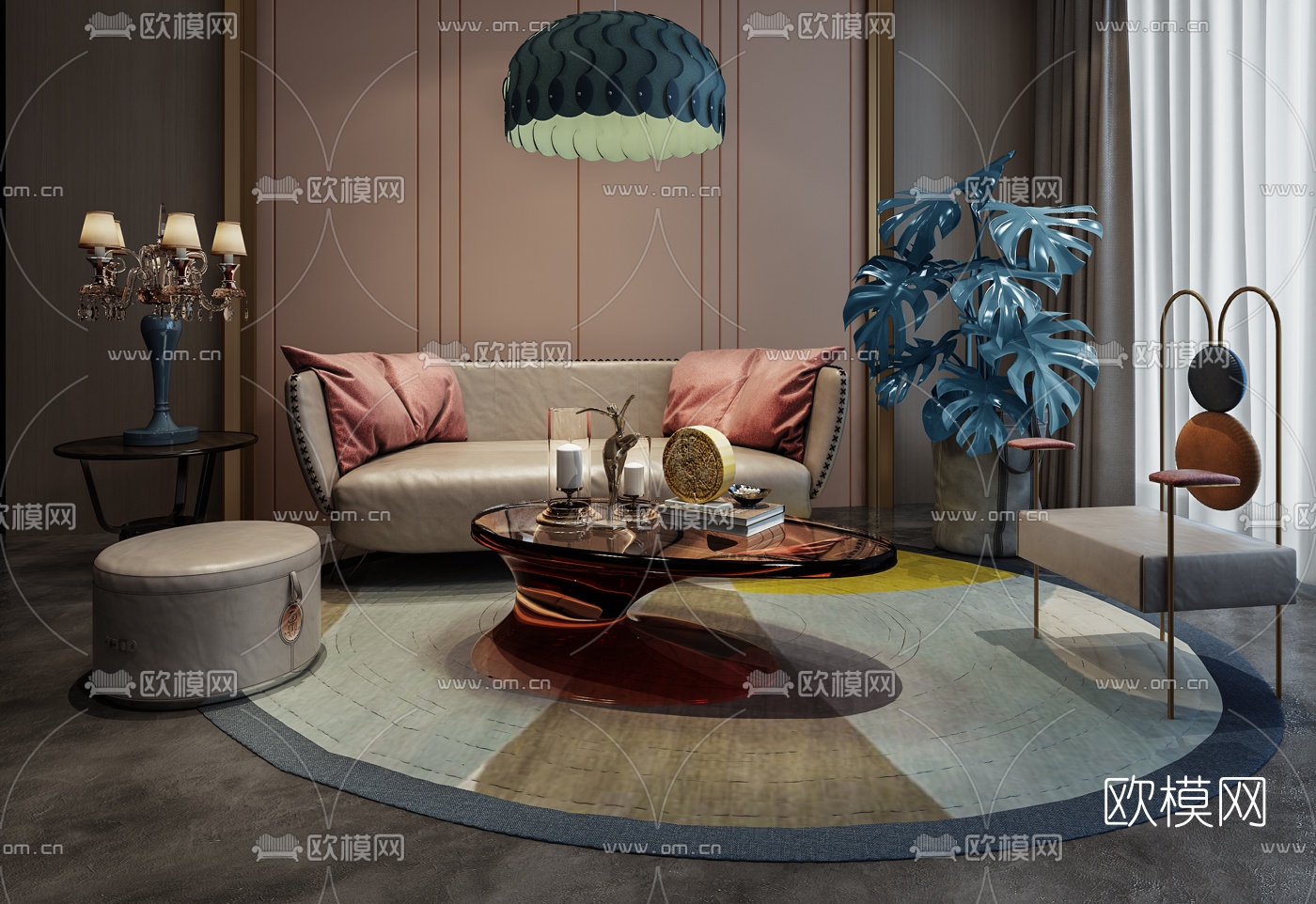 现代皮革沙发组合3d模型-免费3dmax模型库-欧模网