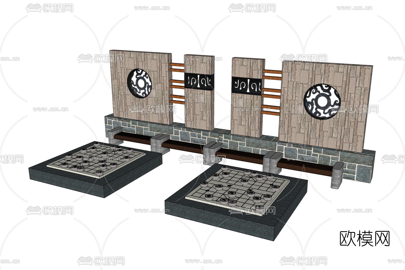 中式景观墙免费su模型下载