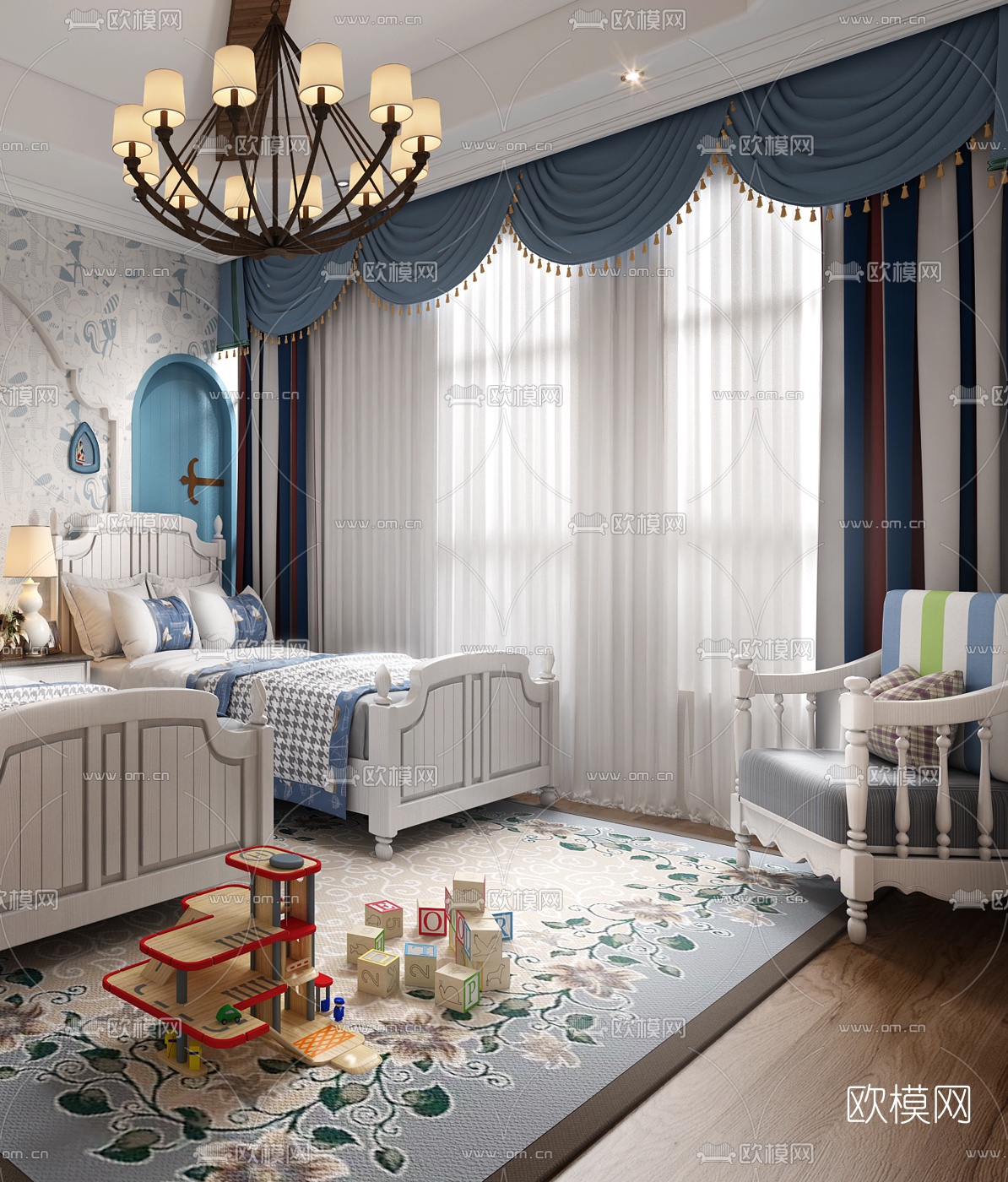 地中海双床卧室小孩房3d模型下载（渲染图3）